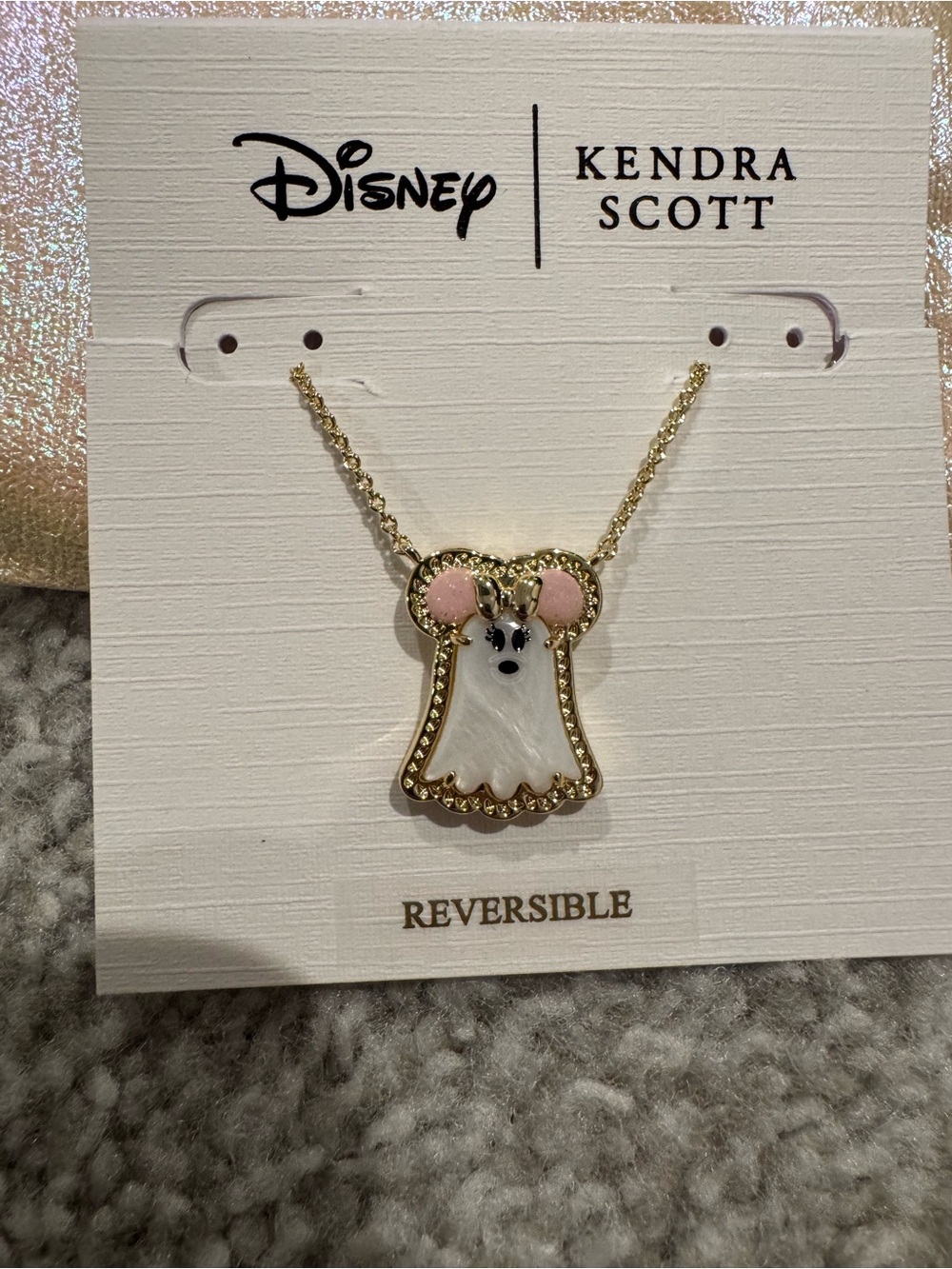 Rare Kendra Scott x Disney Pink & White Minnie Mouse Ghost Pendant Necklace